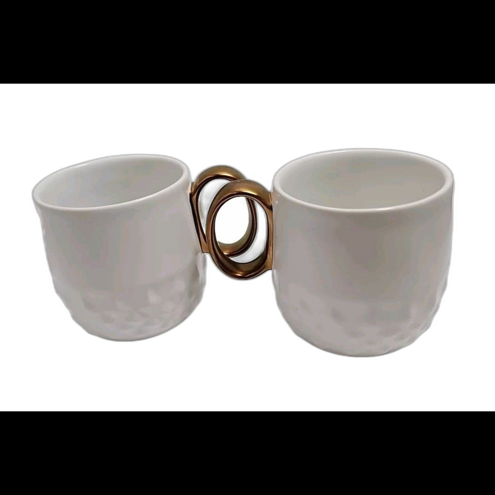 2 STARBUCKS 2013 White Diamond Embossed Bronze Handle Coffee Tea Mugs Cups 12oz